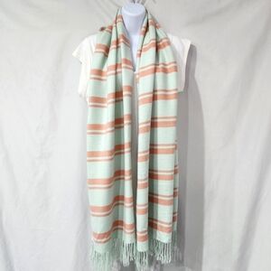 Soft Knit Mint Green Peach Stripe Scarf Fringe Winter Ski‎ Lodge Aspen Warm